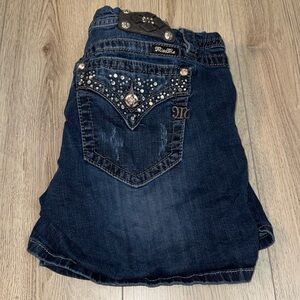 Miss Me Dark Blue Jean Shorts with Embellished Pockets